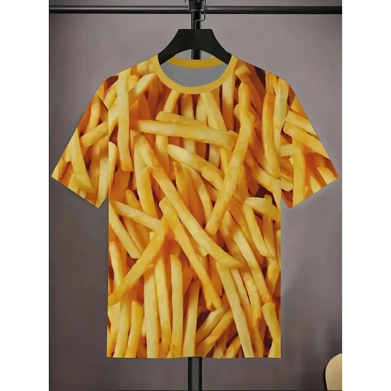 Large Men's French Fries Hamburger Pattern 3D Printed Men's Round Neck Short Sleeved T-shirt Summer Fashion T-shirt Casual Comfortable Versatile Top
