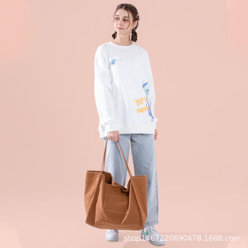 Solid Color Canvas Bag Women'S Large-Capacity Bag Korean Lazy Wind Shoulder Bag Washing Water Bag