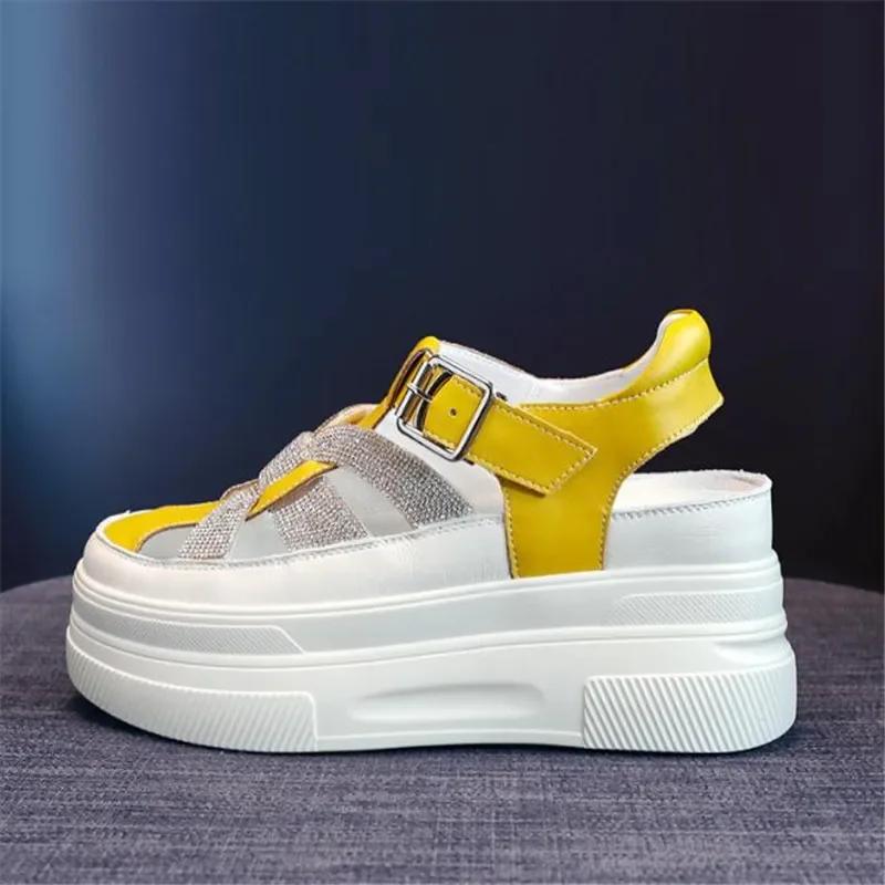 Fashion 8cm Genuine Leather Women Platform Sandals Wedge Slippers Buckle Strap High Heel Women Summer Shoes Sneakers Zapatos Mujer