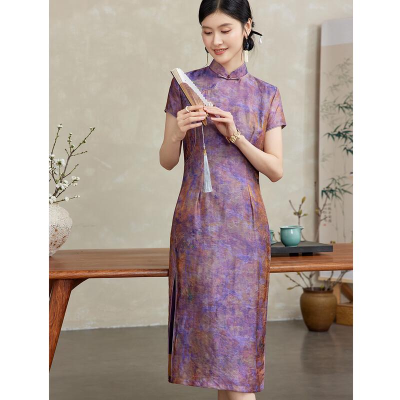Golden Chrysanthemum Purple Aura New Chinese Style Tie-Dye Qipao Dress L фиолетовый