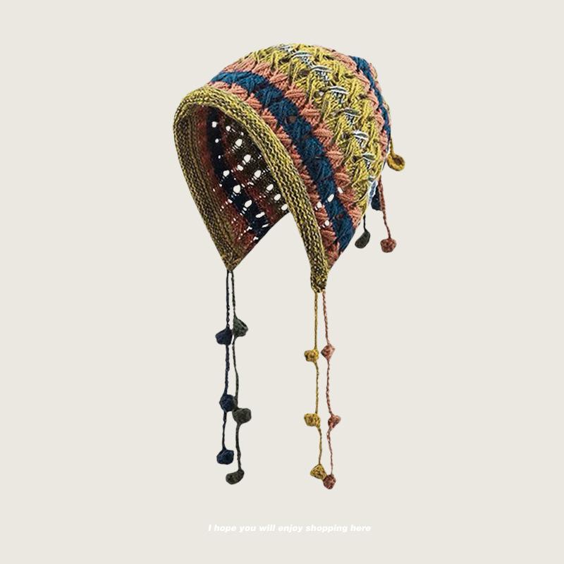 

Rainbow wool hat West Sichuan travel hollow knitted headgear hand crochet fringed pullover cold cap average size (58-60cm)