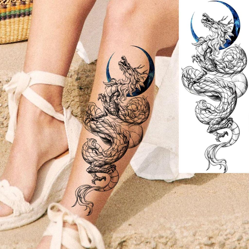Black & White Snake Dragon Skull Waterproof Temporary Tattoo Sticker for Arm/Leg.