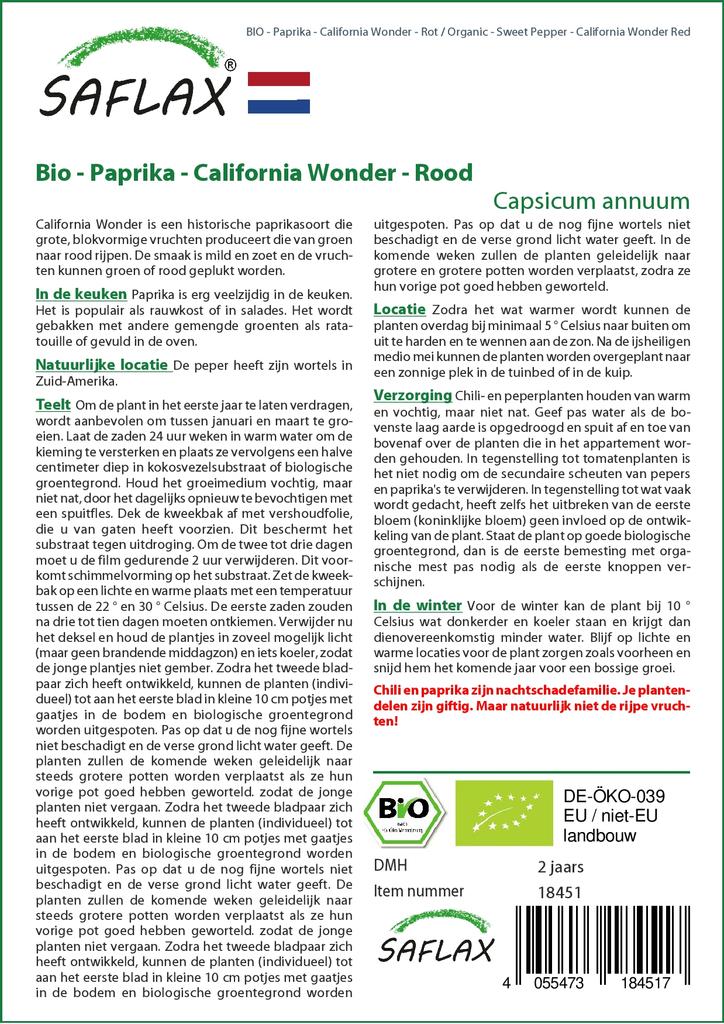 SAFLAX Garden In the Bag - Organic - Sweet Pepper - California Wonder Red - 20 Seeds - With Substrate In a Fitting Stand Up Bag - Capsicum Annuum