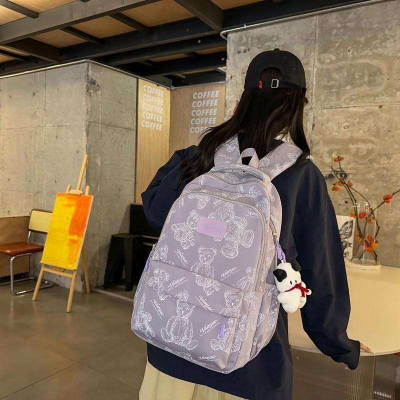 Cartoon Print Cute Bear Unisex Laptop Backpack For College High School Students Waterproof Nylon Material
