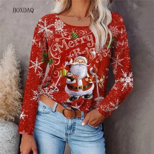 Cartoon Santa Claus And Snowflakes Pattern Women Fashion T-shirts Autumn Winter Long Sleeve 3d Print Christmas Street Lady Tops