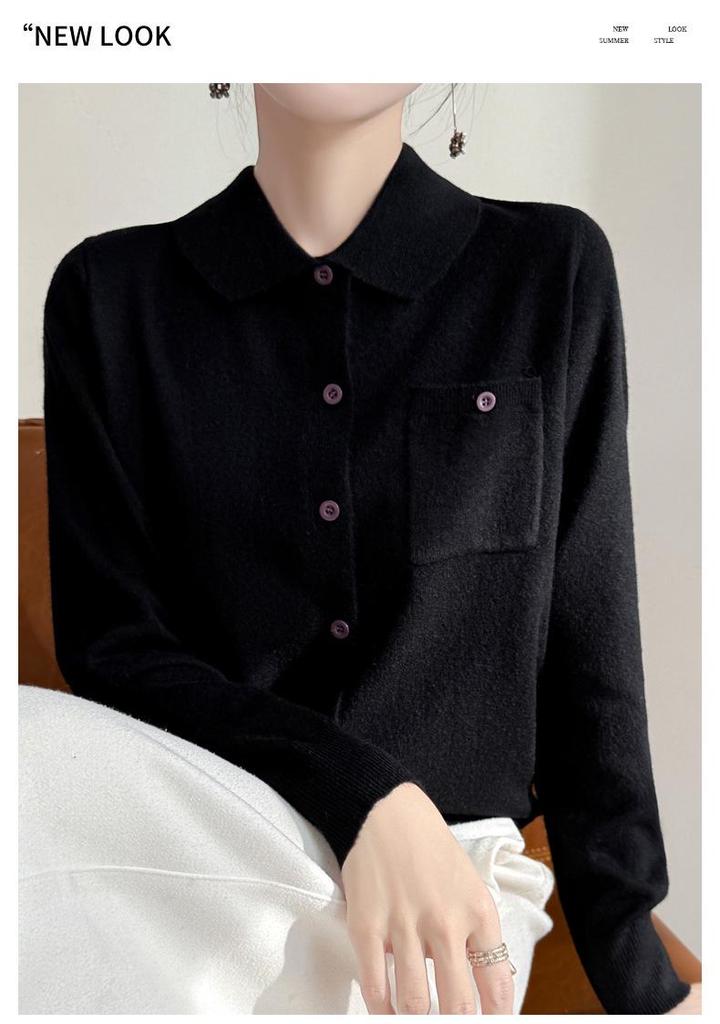 Women's Autumn Lapel Pocket Wool Cardigan – Long Sleeve Solid Color Knit Outerwear