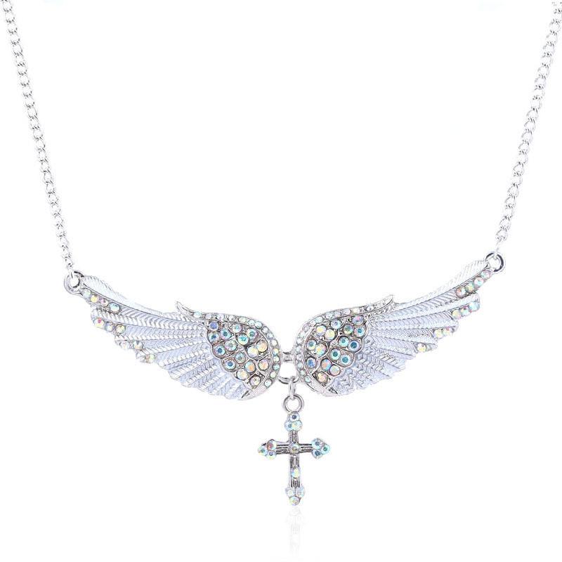 Diamond Simulated Decorated Angel Wing Cross Pendant Necklace For Ladies