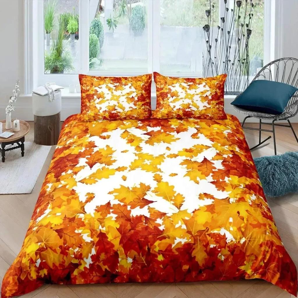 Maple Leaves Duvet Cover Set Colorful Autumn Season Maple Leaves In Unusual Designs Nature Print King Size 3D Bedding Set