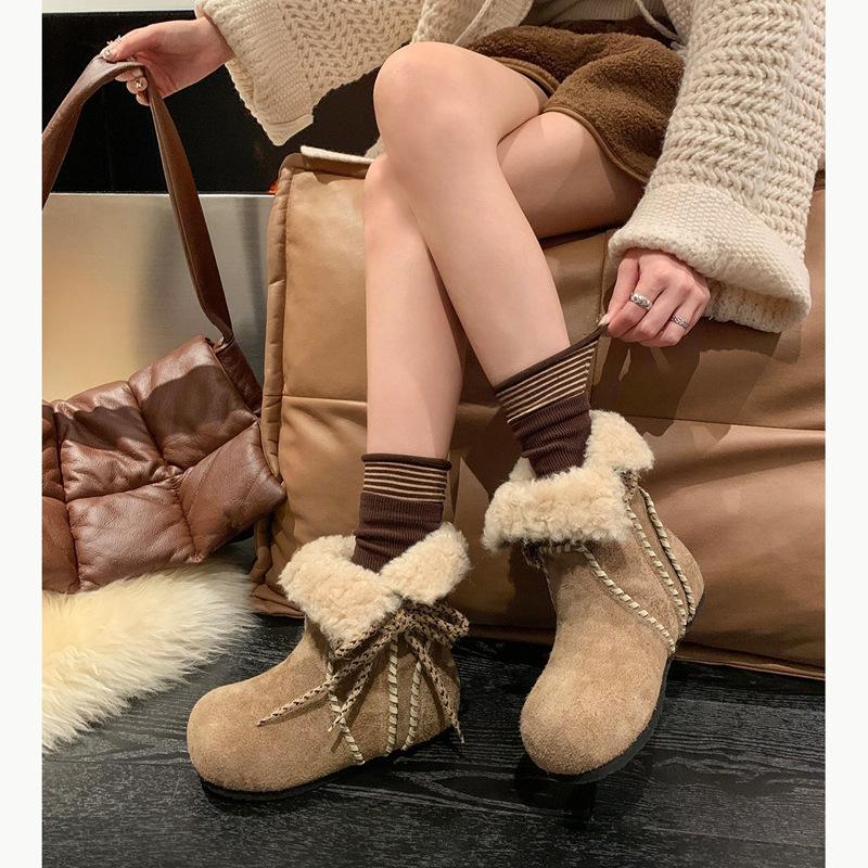 cm inner height increase~ leather thick-soled Maillard two wear snow boots women's winter velvet thickened cotton shoes