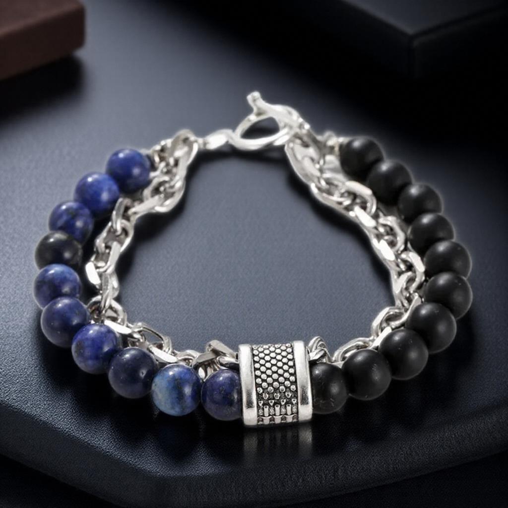 1PC Natural Stone Beaded Bracelet for Men Stainless Steel Bead Bracelet Fashion Jewelry Gift for Him Trendy Mens Accessories