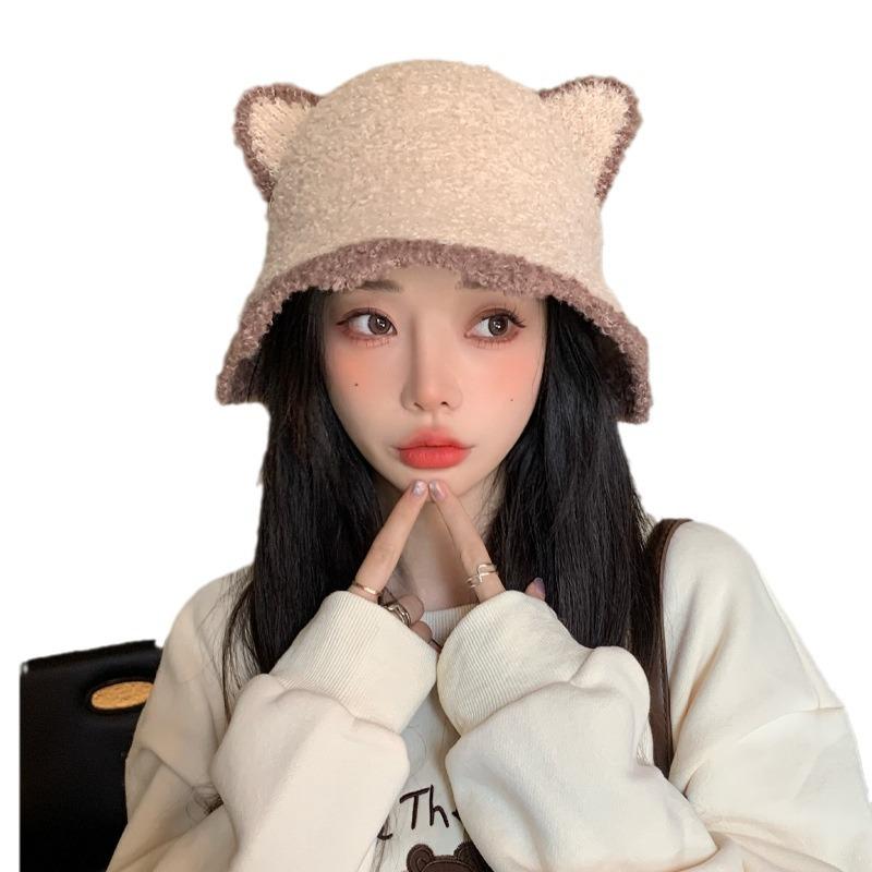 Korean Version of Versatile Autumn and Winter New Hat for Women Cute Bear Imitation Lamb Velvet Fisherman Hat Winter Warm Wave Edge Basin Hat