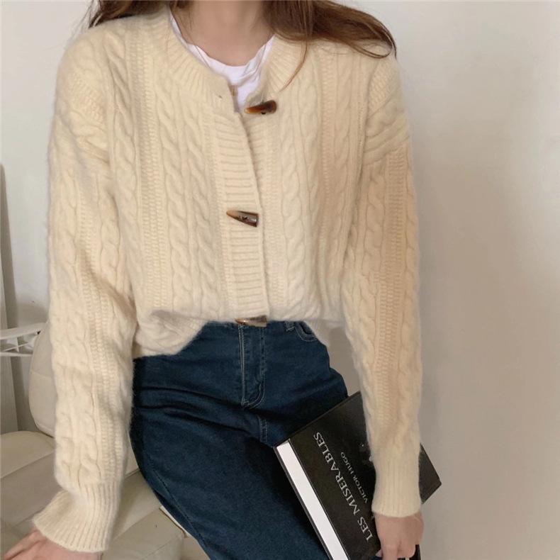 Korean Style Solid Color Knit Cardigan Sweater with Horn Buttons for Women