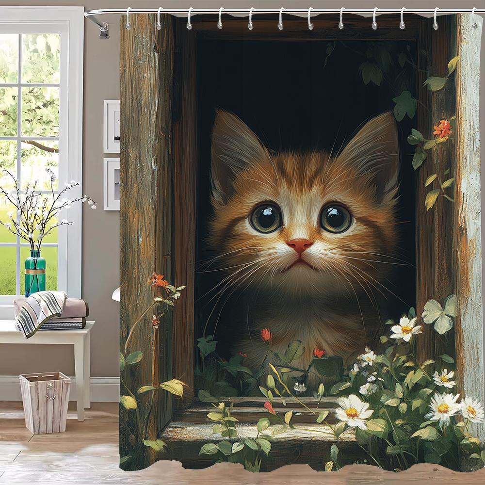 Lovely Cats outside the Window Shower Curtain, Bathroom Decorative Shower Curtain, Printed Polyester Home Curtain with Hooks