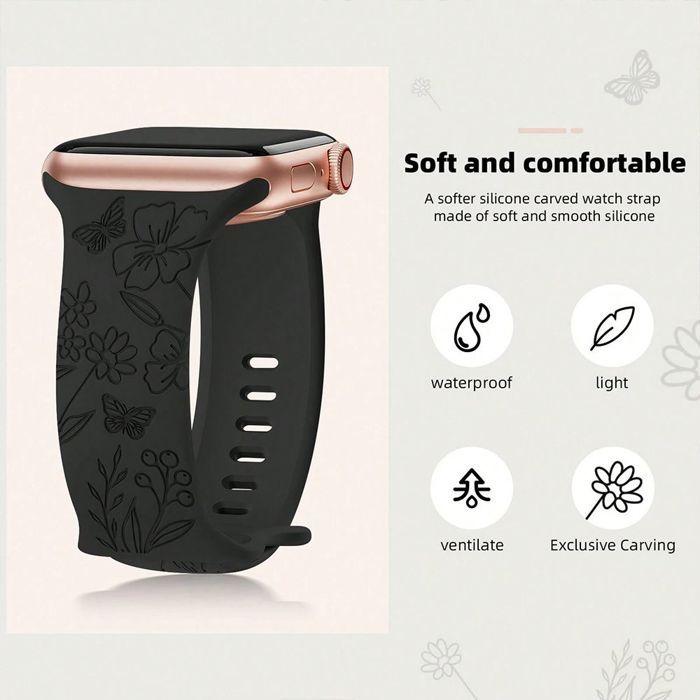 Bracelet pour Apple Watch Series 11 10 9 8 SE 7 6 5 4 3 2 1 Ultra 1/2, 42mm-44mm-45mm-46mm-49mm Silicone Motif Papillon Noir