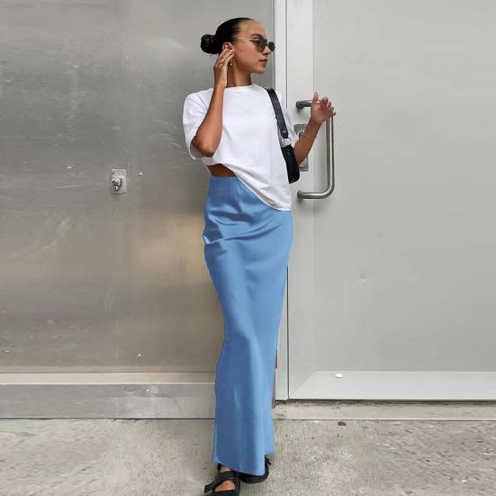 Women High Waist Satin Mermaid Long Skirt Elegant Zipper Solid Color Slim