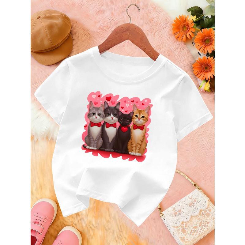 Kids Crewneck T-Shirt, Cute Cartoon Kitten Print 110