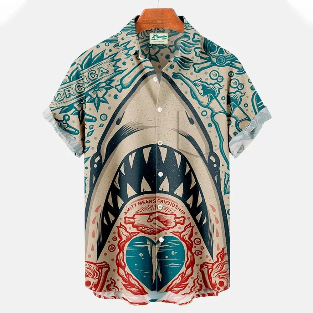 Fun Shark Pattern Print Men s Shirts Hawaii Short Sleeve Top Fashion Streetwear Casual Outdoor Men s and Women s Clothing Blouse S