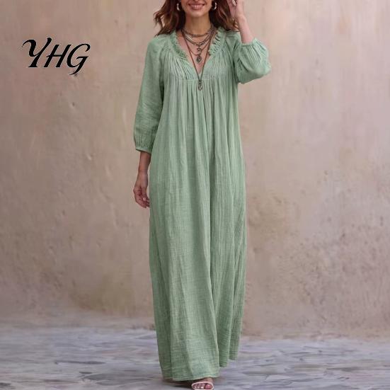 Bohemian Inspired Dress Ruffle V-Neck Long Dress, 3/4 Sleeves Maxi for Comfortable Women Dresses Women, Solid Color Casual Loose Spring Fall