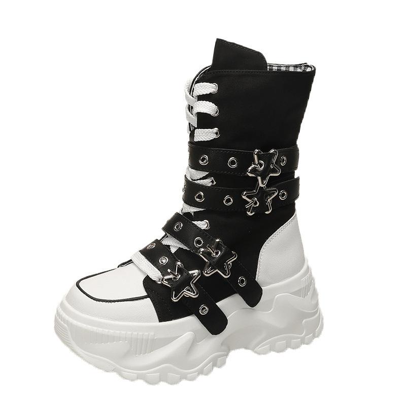 Wind locomotive boots thick-soled round head belt buckle solid color women's Martin boots