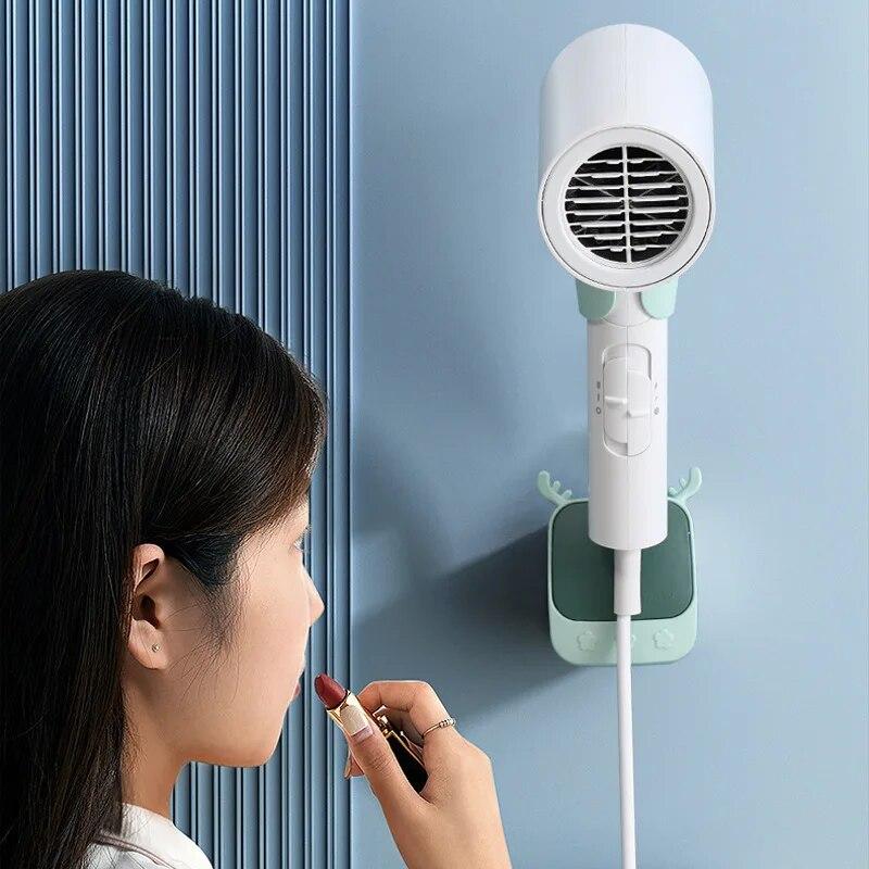 Hair Dryer Holder Adjustable Self-Adhesive Hair Dryer Shelf Wall Mount Bathroom Universal Stand Cute Cartoon Storage Rack