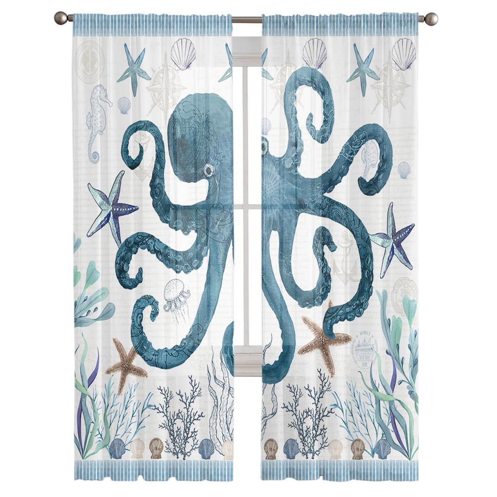 Ocean Stripes Seaweed Starfish Octopus Voile Sheer Curtains Living Room Window Tulle Curtain Kitchen Bedroom Drapes Home Decor