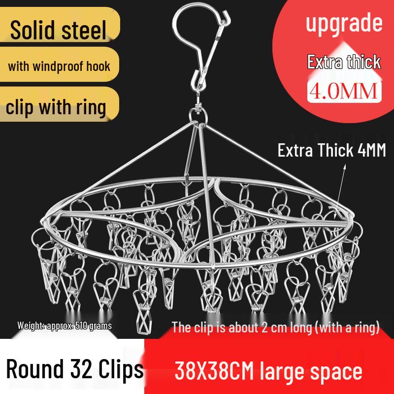 Round Windproof Clothes Drying Rack with Stainless Steel Clips and Hanging Hook