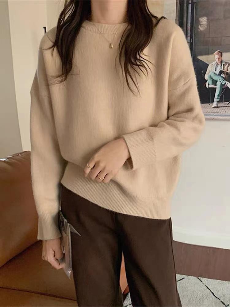 Solid Color Knit Sweater Pullover Sweater Female Autumn and Winter Soft and Glutinous Loose Outer Wear Gentle Wind Inside The Bottoming Shirt