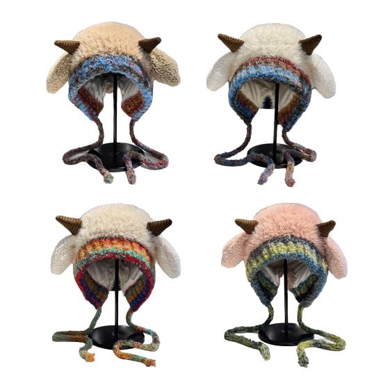 Knitting Hat Windproof Warm Solid Color Elastic Thermal Lamb Ear Design Winter Hat Cold Weather Headwear