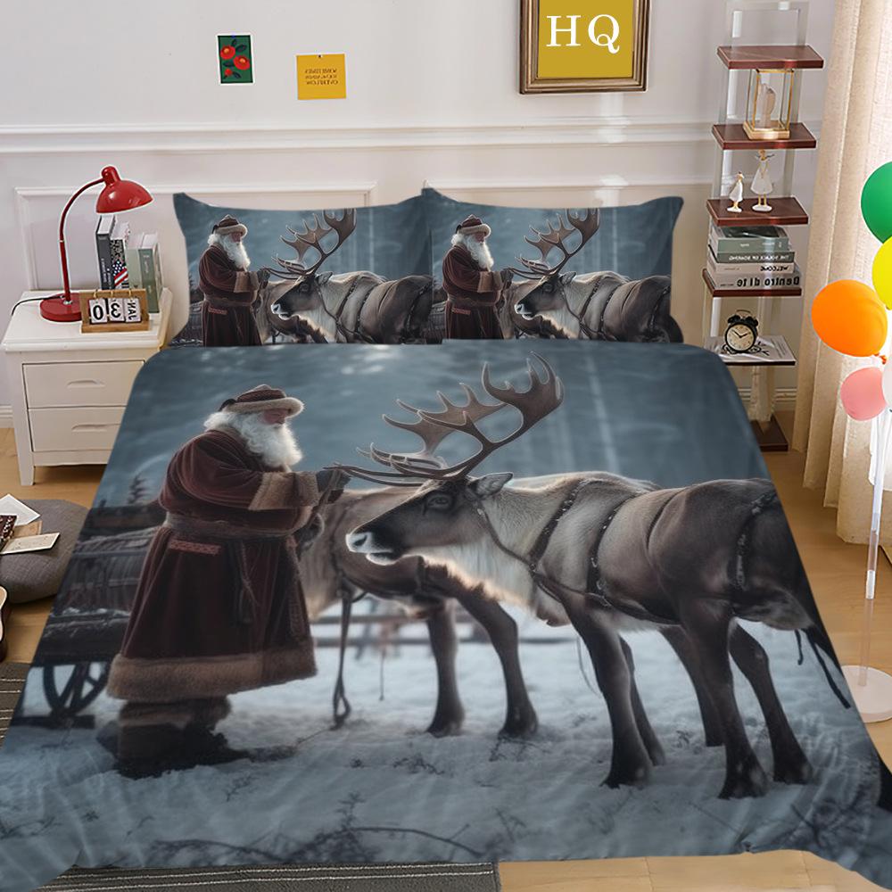 Christmas Carriage Snow Scene 3D Printed Polyester Pillowcase Quilt Cover Two Or Three-Piece Set Can Be