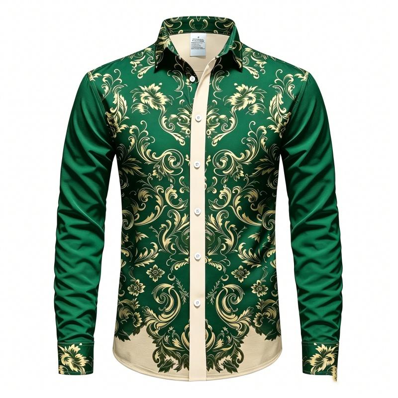 2026 Men's Shirt Long Sleeved Shirt Navy Blue Retro Vine Print Contrasting Shirt Casual Vacation Light Luxury Trendy Top