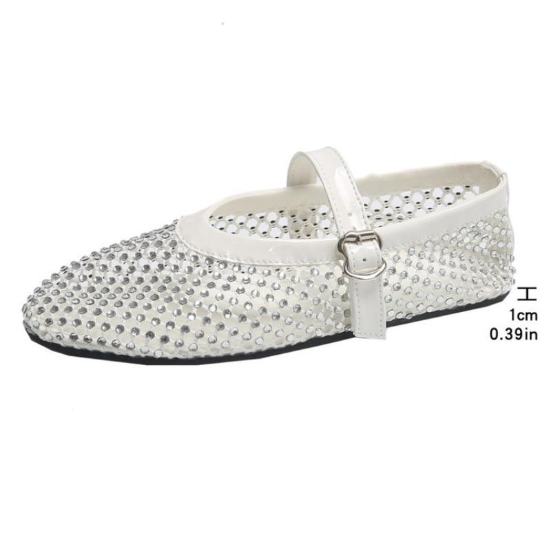 Fashion Mesh Breathable Rhinestone Fashion Versatile Women's New Foreign Style Niche Belt Flat Soft Soled Mary Jane Shoes Womens Shoes