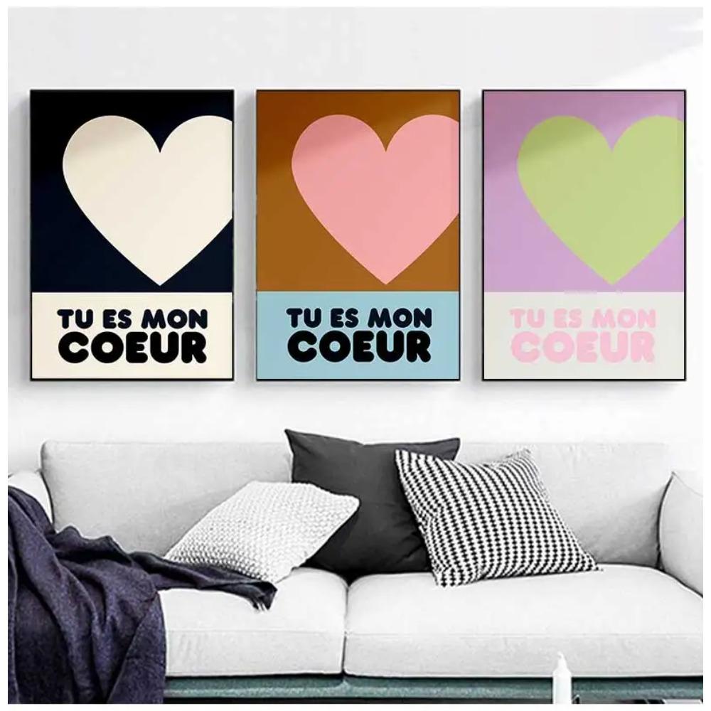 Tu Es Mon Coeur Poster Colorful Heart Pictures Mid Century Wall Art Decor Canvas Painting Couples Gifts Bedroom Home Decorative