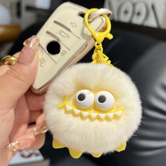 Monster-Inspired Plush Keychain Soft Fuzzy Fur Ball with Big Eyes & Teeth Eye-catching Bag Charm for Keys Backpacks Fun Gift for Teens & Adults