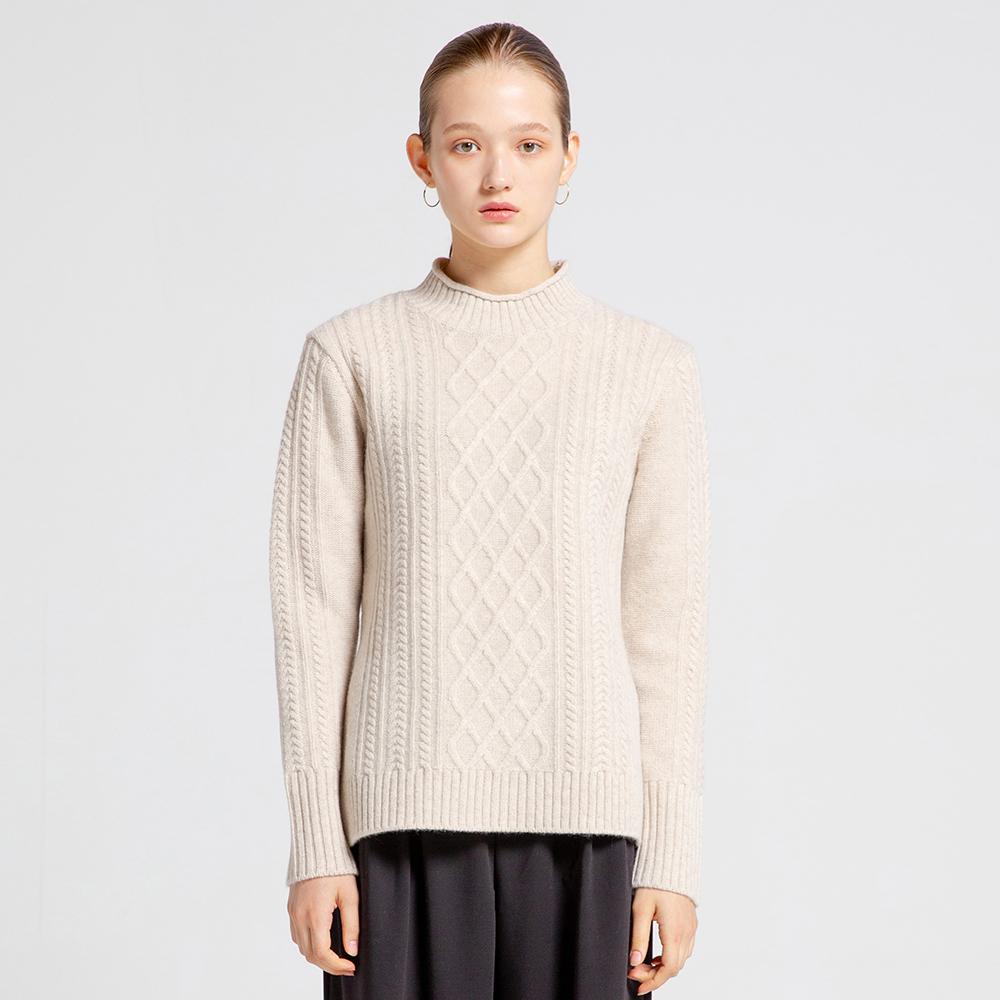 Via Bon De Via 100% Wool Cable Turtleneck (Beige) Beige/M