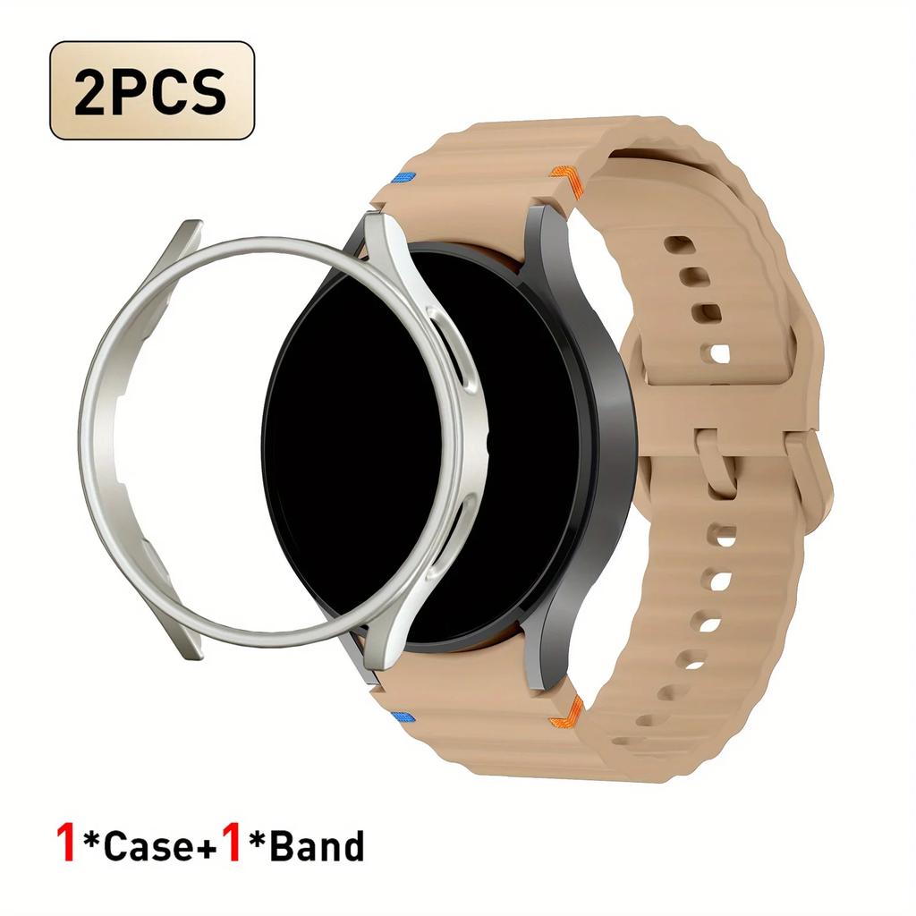 2pcs Strap & PC Case for Watch7/6/5/5Pro/4/FE Original Wave Stitch Color Buckle Semi-Covered Sweat-Proof for Sports