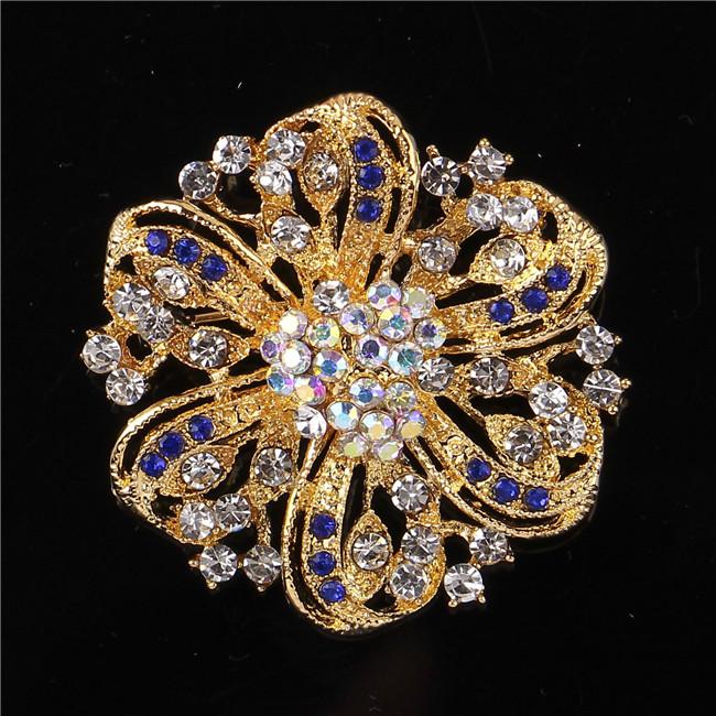 DIEZI Korean Gold Color Blue Crystal Brooches for Wedding Women Party Dress Rhinestone Bridal Bouquet Flower Bowknot Brooch Pins