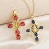 Copper Plated 18K Gold Cross Pendant Necklace with Multi-color Zircon Embellishments