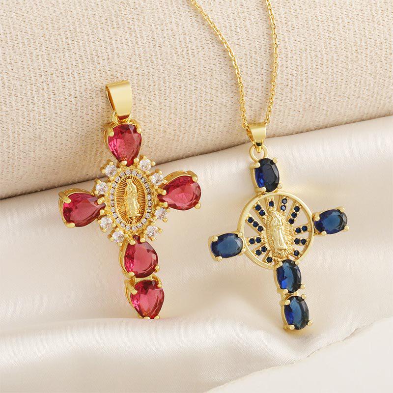 Copper Plated 18K Gold Cross Pendant Necklace with Multi-color Zircon Embellishments