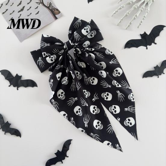 Skull Hairpin Accessory Halloween Bow Spring Hair Clips for Women, Pumpkin Skeleton Ghost Hand Printed Holiday Party Clip Fabric Barrettes,