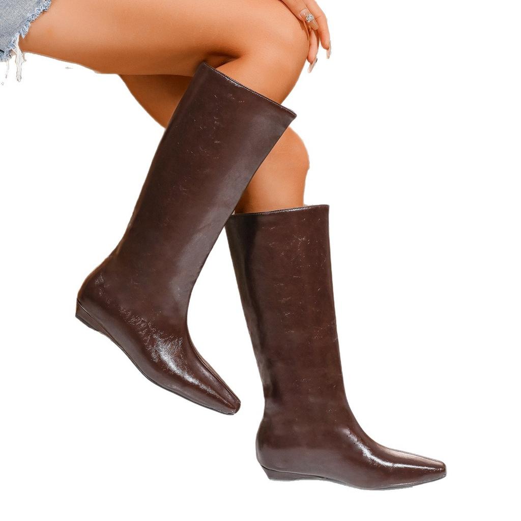 Designer Vintage Women Knee High Boots Fashion Slip On Long Booties Autumn Winter Low Heels Ladies Black Long Western Boots