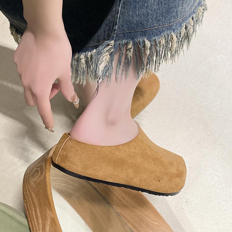 Baotou Mid-heel Flat Shoes New Summer Round Head Deep Mouth Suede Soft Sole Anti-slip Wear-resistant Slippers