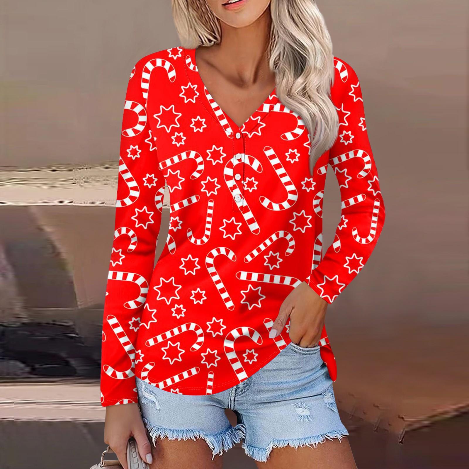 

Женская повседневная мода сексуальный комфорт рождественский принт V-образный вырез пуговицы длинный рукав M винный