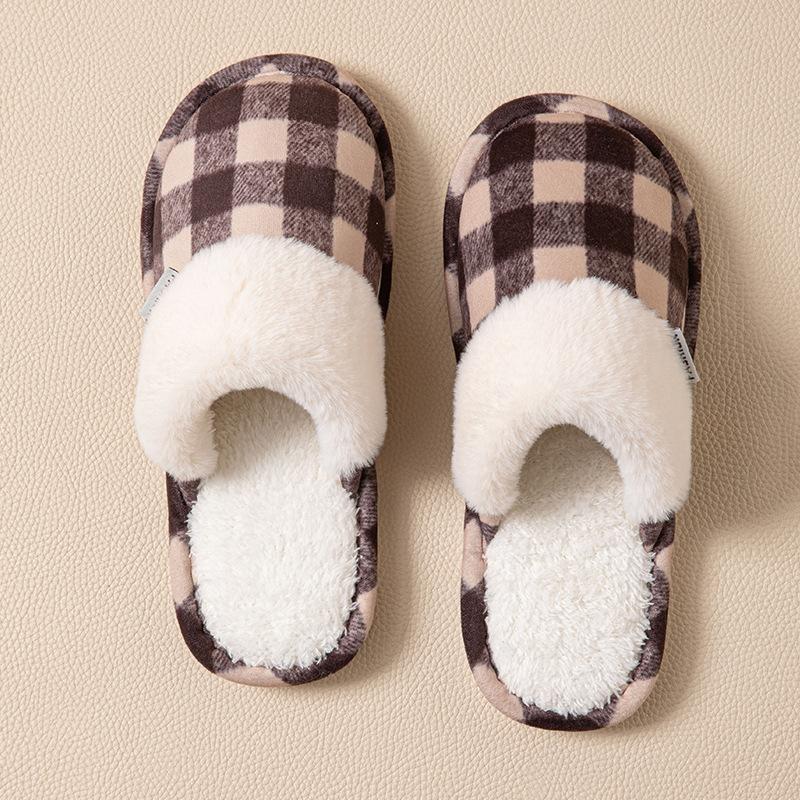 Retro plaid cotton slippers men's winter indoor home non-slip thick-soled plush warm cotton slippers women's winter