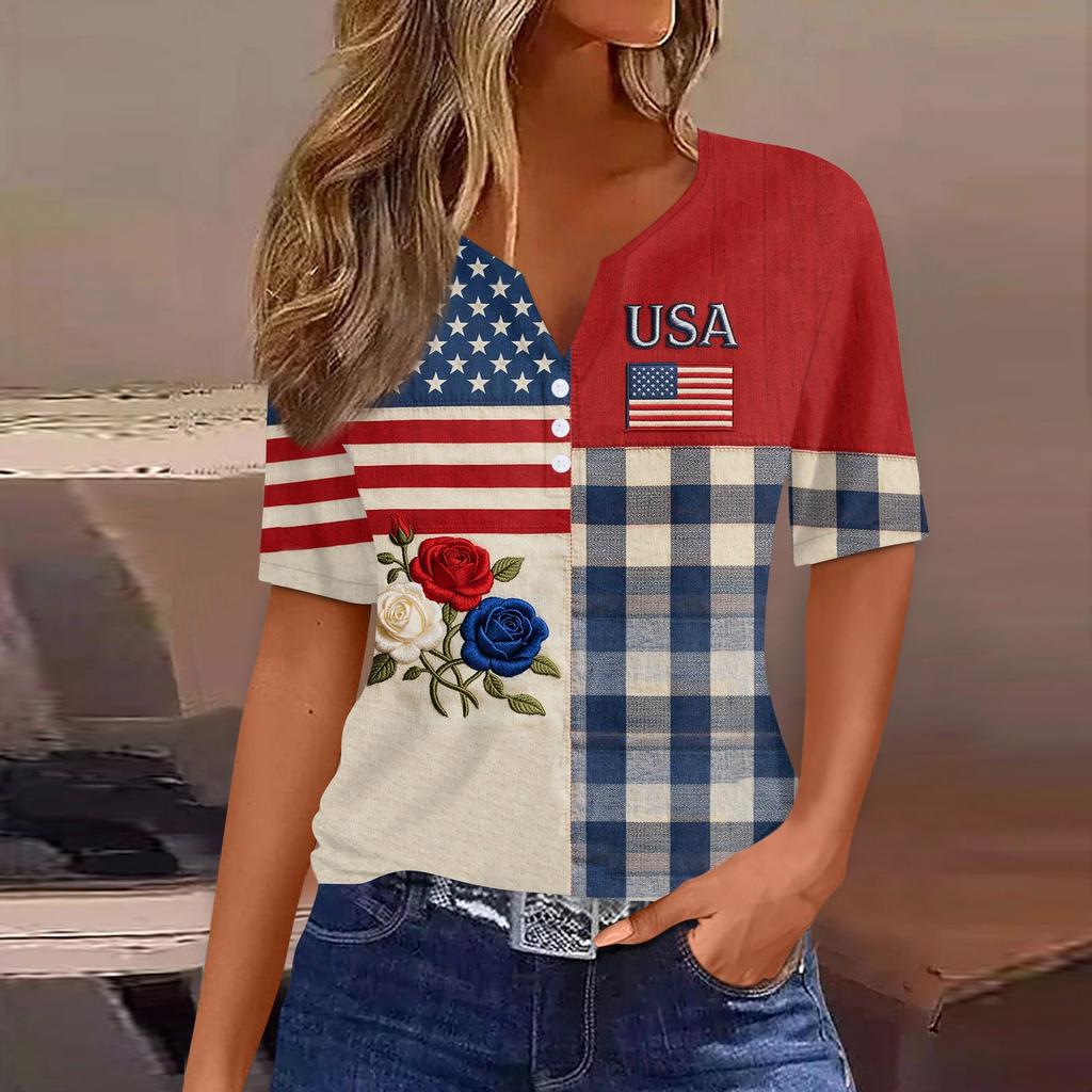 Women's Fashion Casual Independence Day Print V-Neck Short Sleeve Button-Up T-Shirt Top