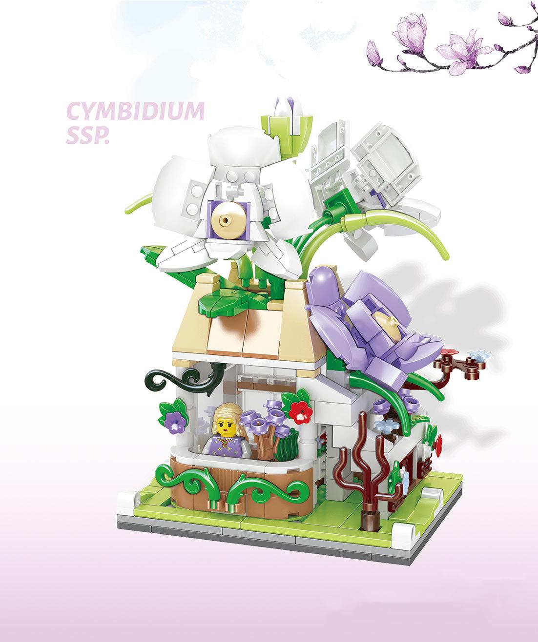 Creative Flower Shop Street View Small Block Rose Orchid Plum Cherry Blossoms Narcissus Lily Florist Construction Brick Figures Toys