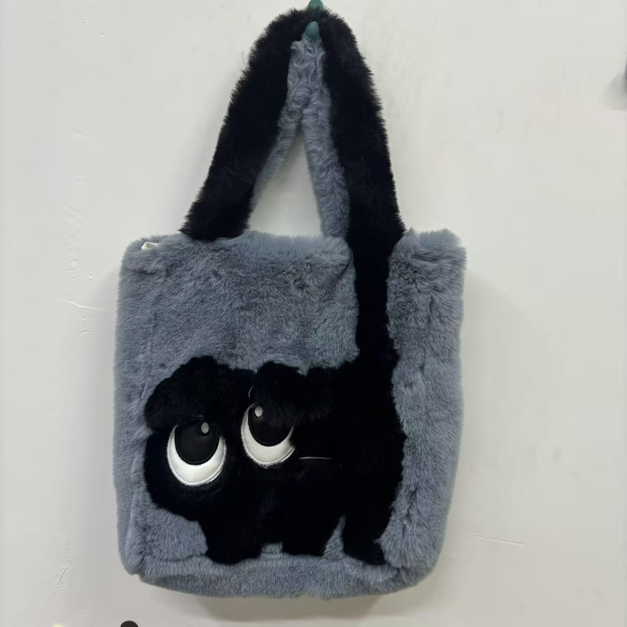 Женская креативная плюшевая сумка-тоут с мультяшным котом - Большая вместимость, цветовой блок и вышивка