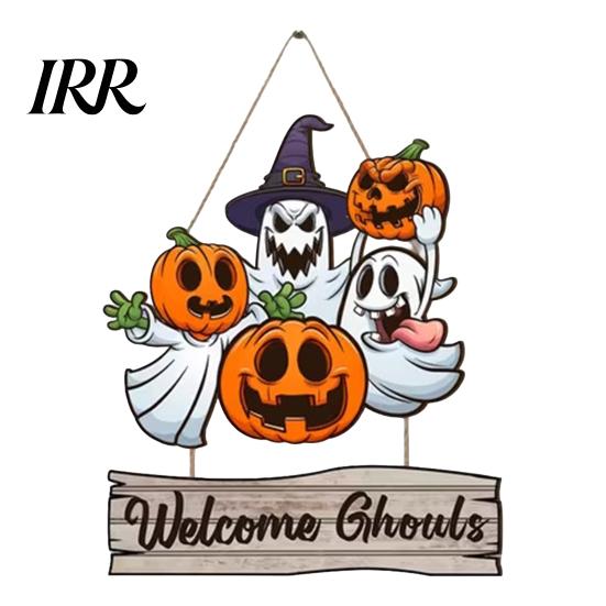 Durable Halloween Decoration Happy Door Sign for Front Door, Wooden Ghost Pumpkin Hanging Holiday-themed Plaque, Spooky Welcome Wreath Tree,