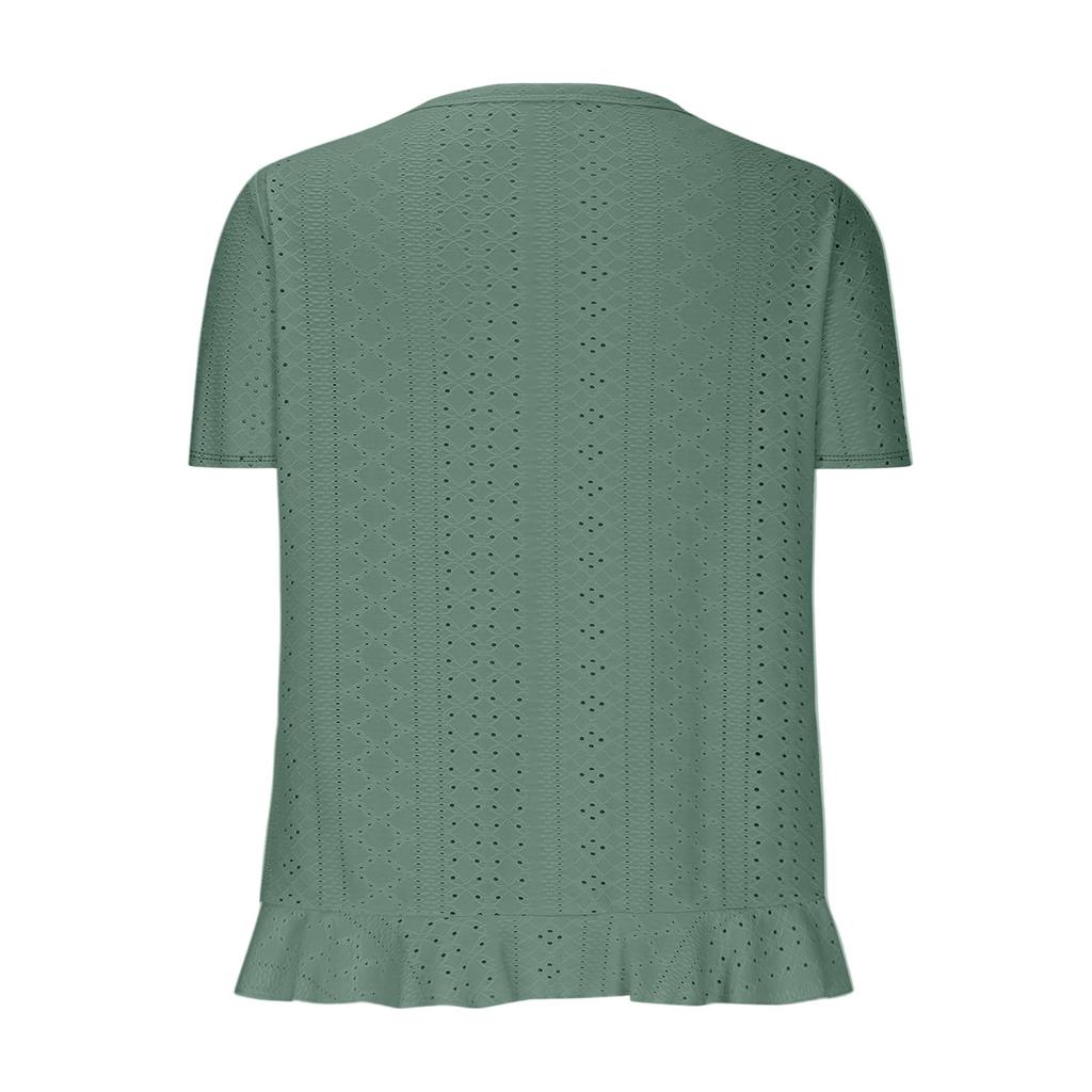 Women Summer  Top Eyelet Vacation Short Sleeve O Neck Loose Fit Shirt Spring Fashion Casual Clothes