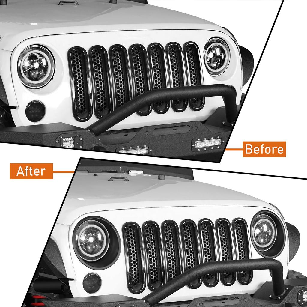 Hooke Road Matte Black Headlight Bezels and Headlight Cover Trims for Jeep Wrangler