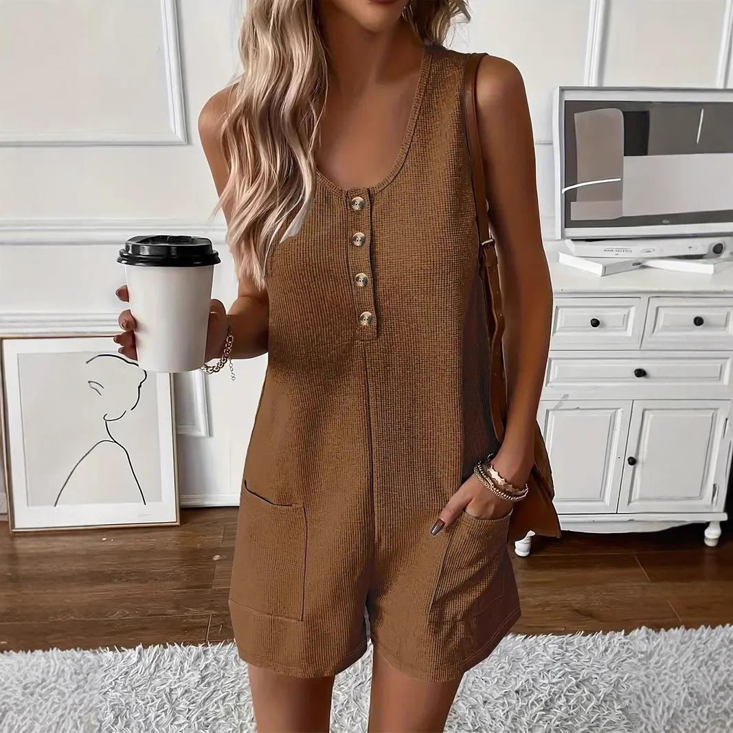 

Women s Sleeveless Jumpsuit Shorts with Gold Buttons, Side Pockets, Multiple Colors - Gray, Brown, Black, Green, Light Gray XXL темно-коричневого